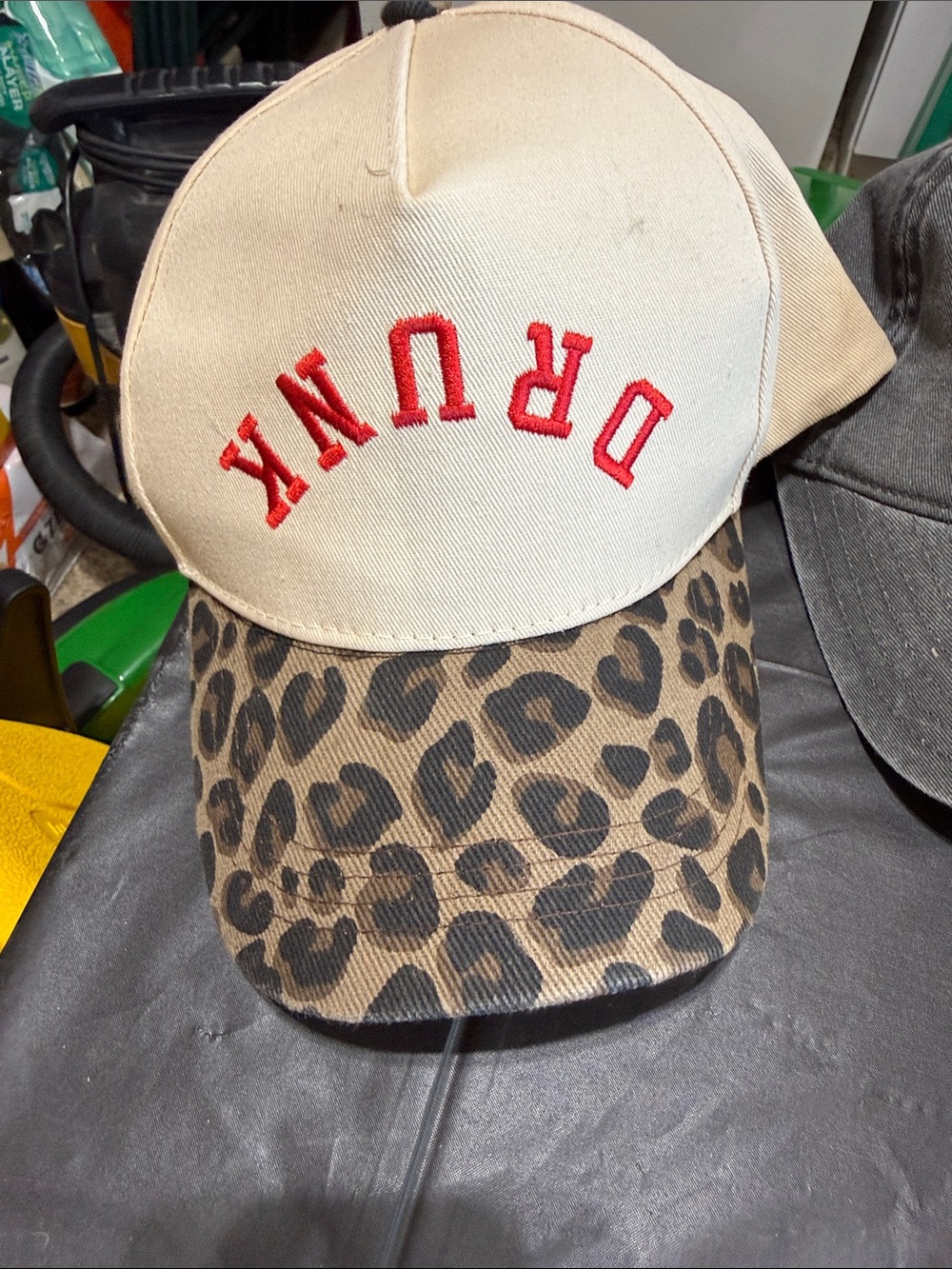 Beige & Leopard Kids Cap with Red 'DRUNK' Embroidery
